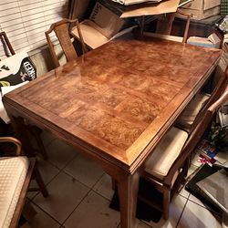 Extendable Burled Wood Dining Table Set with Chairs and Leaves