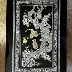 Antique Oriental saki Japanese low table Black and gold with birds, flowers and trees