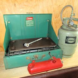 Vintage Coleman 2-Burner Camp Stove with Propane Kit and Griddle