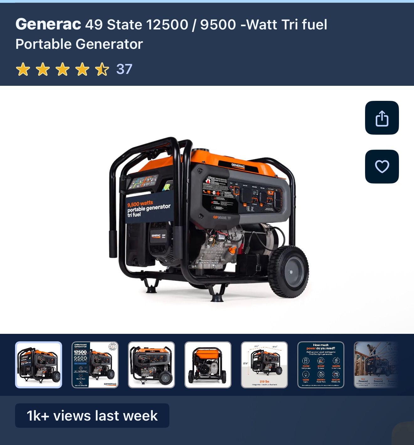Generac 49 State 12500 / 9500 -Watt Tri fuel Portable Generator