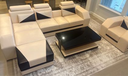 Custom Modern Sectional Sofa Set + Accent Chair + Glass Coffee Table – $900