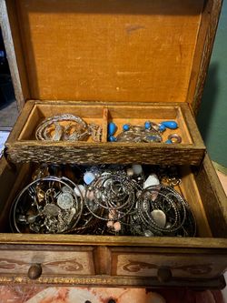 Wooden Jewelry Box with Assorted Jewelry