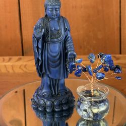 Blue Buddha Statue Meditation Set Sodalite Tree of Life, Mirror & Gift Box