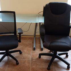 Two Office Chairs and Two Glass Desks 