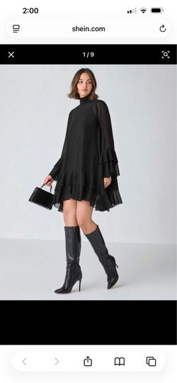 Shein Enchnt Women's Elegant Black Chiffon Patchwork Long-Sleeved Perspective Dress