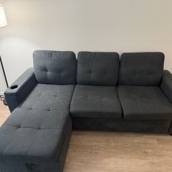 Gray Sectional Sofa w/ Chaise & Cup Holders