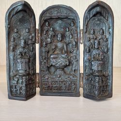 Vintage Hand Carved 3 Panel Triptych Foldable Buddhist Shrine