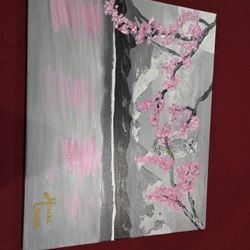 Owl  and Cherry Blossoms  painting 16×20 in