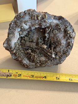 Quartz Crystal Geode and embedded pyrite with Miner & Train Figurines
