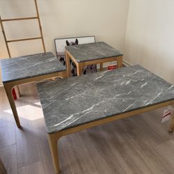Marble Like Top With Wooden Legs Coffee Table Accent Table