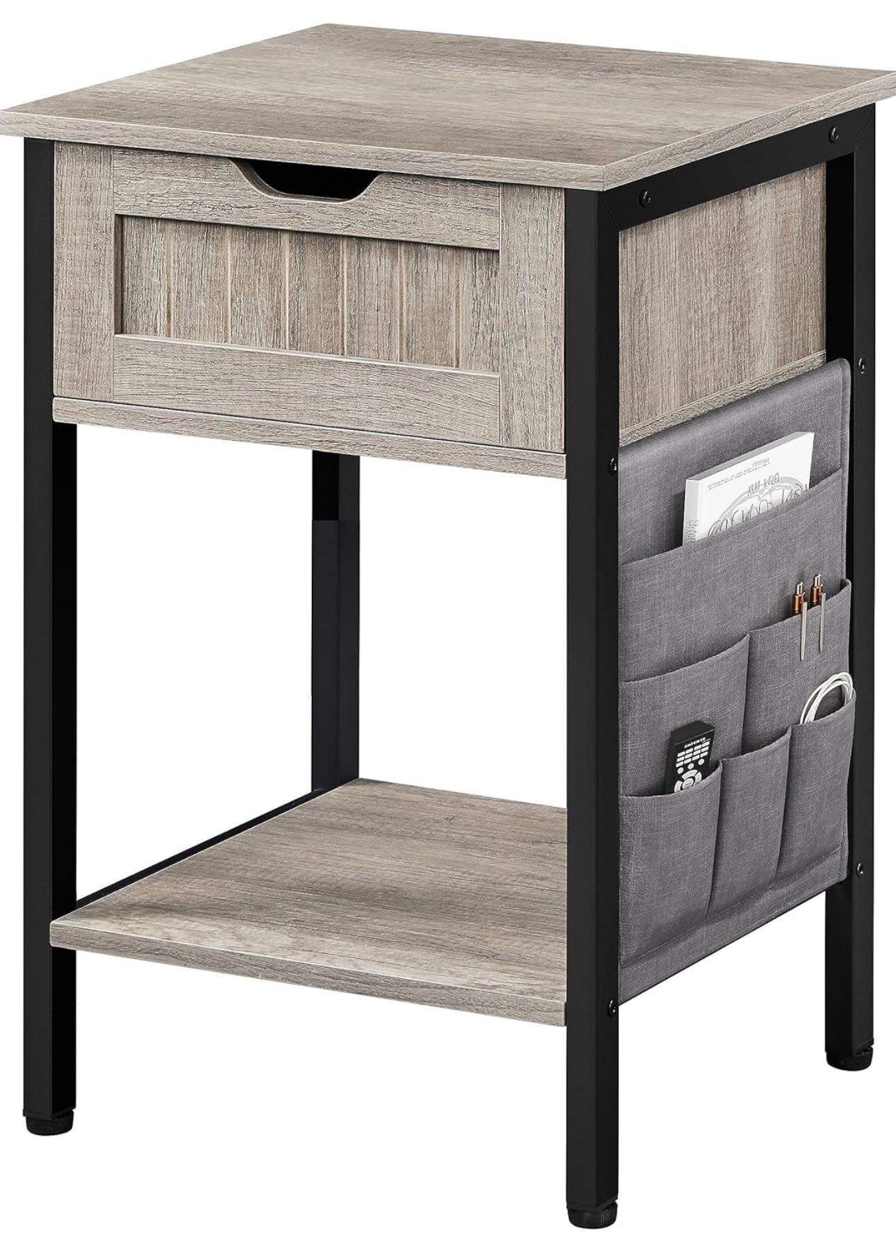 Nightstand with Storage Drawer and Shelf, Bedside Table with Removable Bag, Wooden Bedside Cupboard Sofa Side Table with Steel Legs for Bedroom/Small 