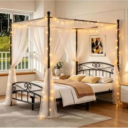 Black Canopy Full Bed Frame with Storage,No Box Spring Needed,CURTAIN AND LIGHT SOLD SEPARATELY
Modern Minimalist Metal Platform Bed Frame with Headb