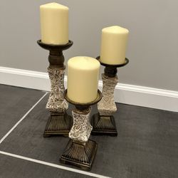 BRAND NEW 3 PIECE CANDLEHOLDERS WITH CANDLES 11x3.5, 10x3.5, 8x3.5