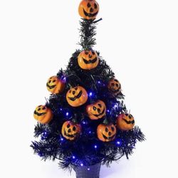 🎃 Halloween Black Spooky Tree – 30 LED Purple Lights & 12 Pumpkins