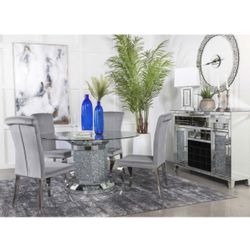 Brand New In Box Firm Price $1,200 Standard Height Cylinder Pedestal Mirror & Faux Crystals Glass Top Grey Velvet Chairs Chrome Legs 