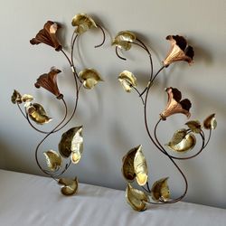 2Pc Vintage Brass and Copper Trumpet Lilies Wall Art 