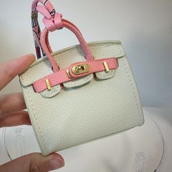 Mini Pink & White Microfiber Bag Charm | Gold Hardware 