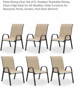 Patio Dining Chairs Set of 6, Stackable Dining Chairs High Back, Breathable Seat Fabric and Alloy Steel Frame for Backyard, Porch, Garden, Light brown