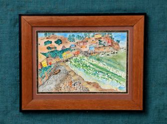 1983 Coastal Fishing Village Watercolor - Framed Original - 14" x 11.5"