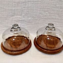 Vintage Goodwood Teak Wood Cheese Board Glass Dome Cloche Boho Mid Century Modern Kitchen Decor $20 Each / 2 Available 