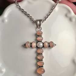 Nicky Butler Peach Moonstone Cross Necklace 24” Sterling Silver NB