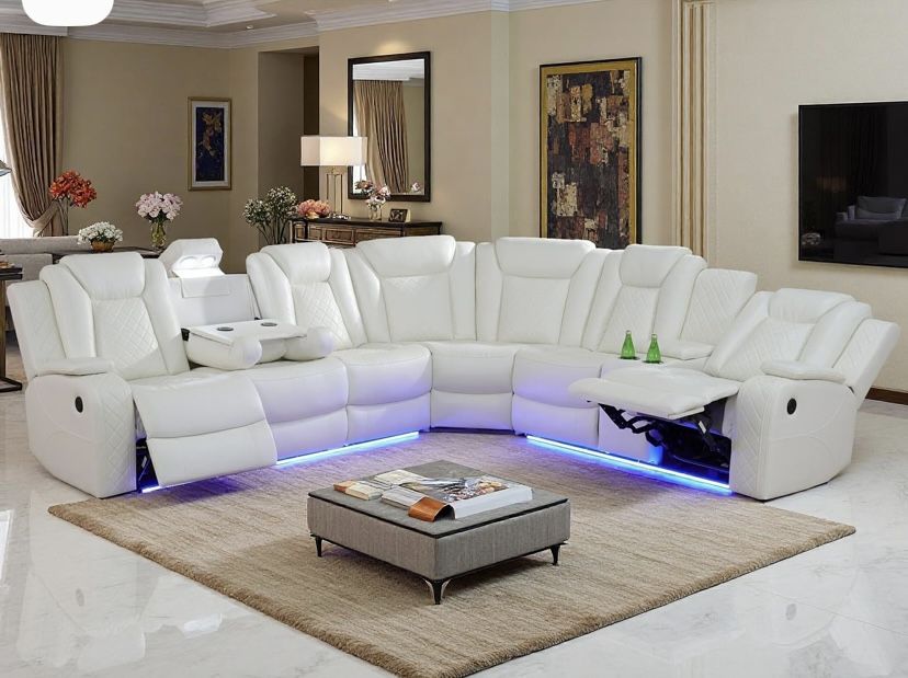 Power Reclining Sectional Sofa Set, Creamy White Leather, 2 Recliner for Living Room, with LED Light, Cup Holder, Storage Console
