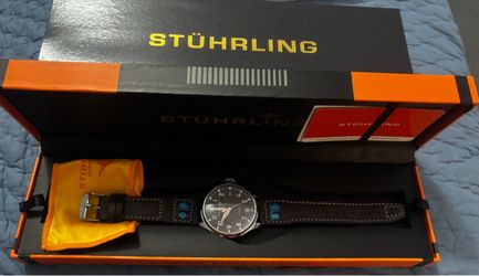 Stuhrling 4078 1 Airman Quartz Date Brown Leather Strap Mens Watch