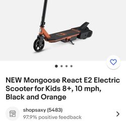 NEW Mongoose React E2 Electric Scooter for Kids 8+, 10 mph, Black and Orange

