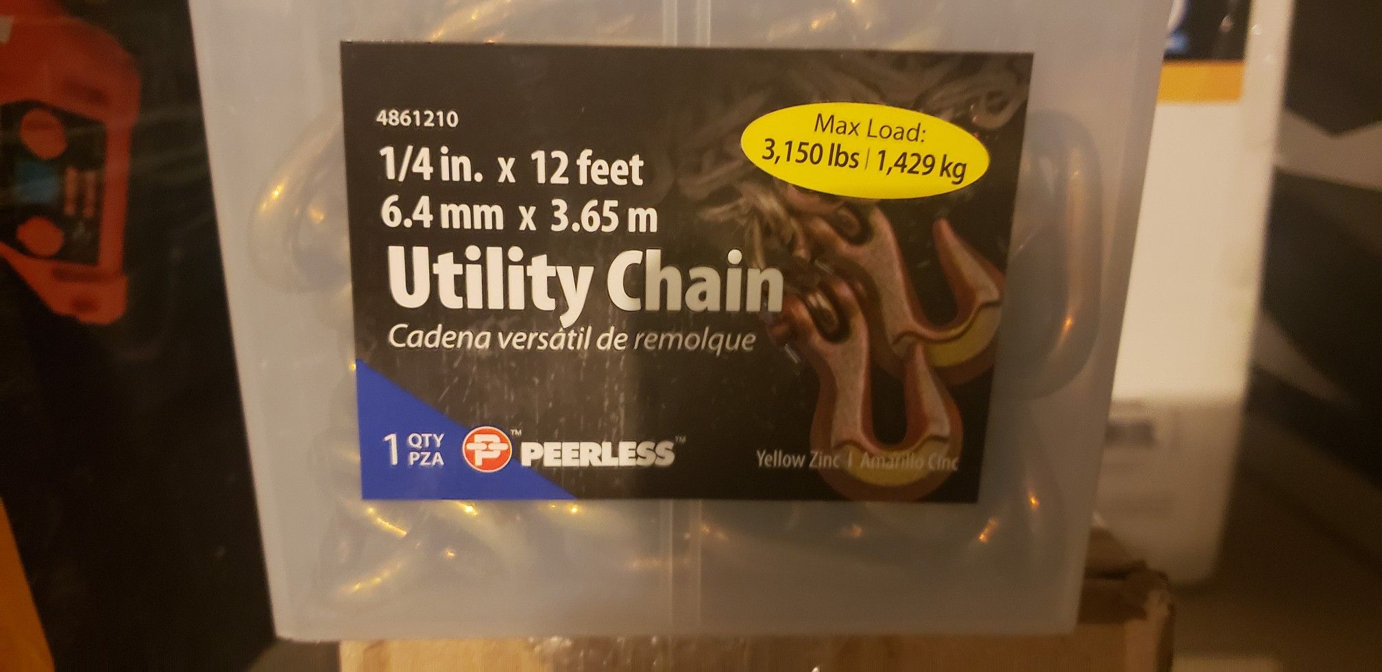 12 foot Tow, lifting chain 1/4" 3150 lbs load rated