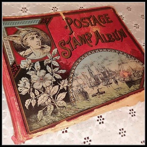 VINTAGE ILLUSTRATED POSTAGE STAMP ALBUM WITH MAPS GREEK MYTHOLOGY HERMES MERCURY ROYAL 8 VO. OBLONG PRINTED IN GERMANY