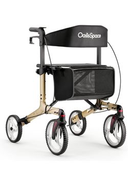 OasisSpace Aluminum Rollator Walker, with 10'' Wheels and Seat Compact Folding Design Lightweight Baking Complimentary Carry Bag (Champagne)