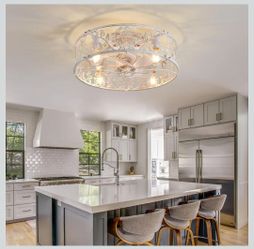 Garwarm 20" Caged Ceiling Fan With Light, Flush Mount Bladeless Fandelier With Remote, Small Low Profile for Bedroom, Kitchen, Dining Room, White Gold