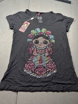 ¡Ay Güey! Black Rhinestone Doll V-Neck T-Shirt Size M