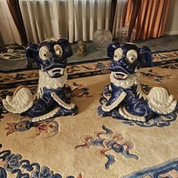 TWO Large Colbalt Blue Ceramic Chinese Foo Dog