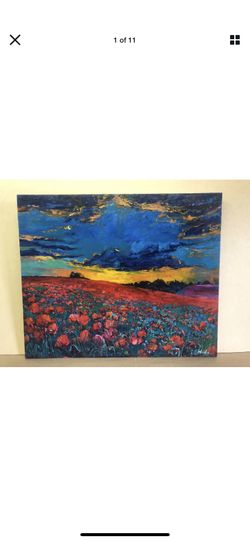Original Oil Painting Ivailo Nikolov Colorful Poppies Landscape 25.5”x21.5”