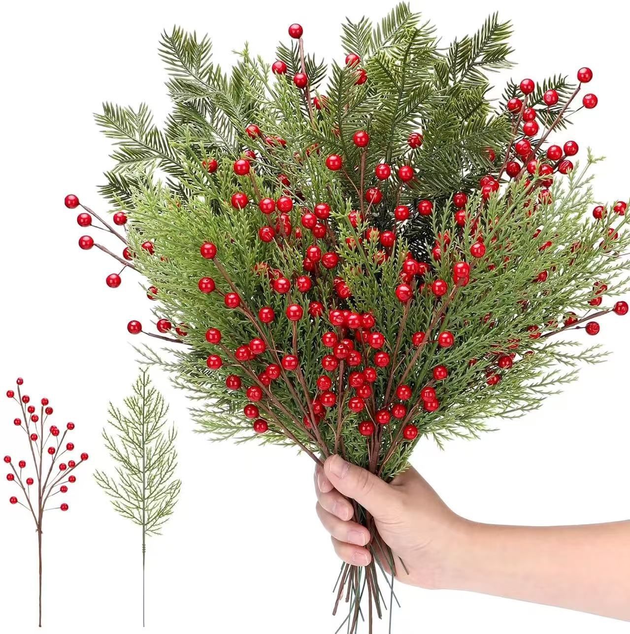 45 Pcs Artificial Pine Branches Fake Greenery Pine Picks with Pine Cones Artificial Red Berry Branches Christmas Pine Needles for DIY Wreath Xmas