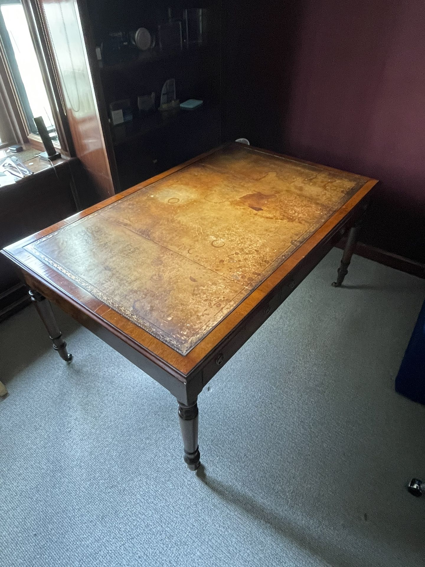 Antique Leather Top Writing Desk / Vintage Wood Office Table