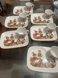 Rare MidCentury Figgjo Stavangerflint Pottery In The “Folklore” Pattern 6 TV Tray Plates,6 Cups!