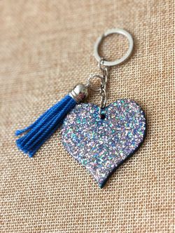 Handmade Blue Glitter Heart Resin Keychain with Tassel - 2"x2" - Brand New