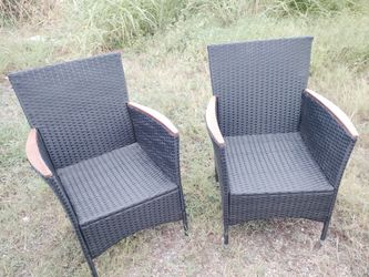 2 Black Wicker Patio Chairs with Wood Armrests - $30 Each or $60 for Both