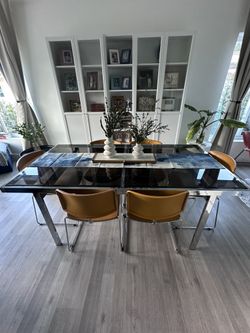 Vintage Milo Baughman-style Flat Bar Chrome and Smoked Glass Dining Table + 8 Chrome Dining Chairs 