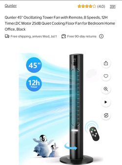 NEW-Qunler 45" Oscillating Tower Fan with Remote, 8 Speeds, 12H Timer,DC Motor 25dB Quiet Cooling Floor Fan for Bedroom Home Office, Black..NEW OUT OF