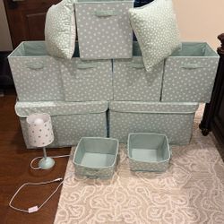 Pillowfort Nursery Storage Bins, Lamp And Pillows