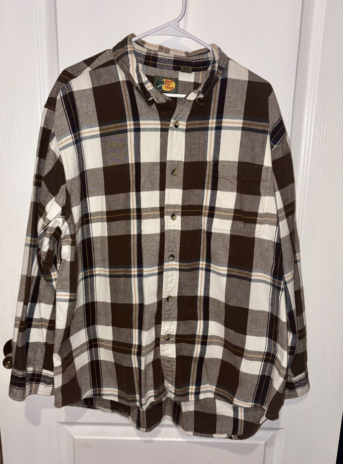 Bass Pro Shops men's brown, white, and tan plaid flannel button-down shirt with a chest pocket
