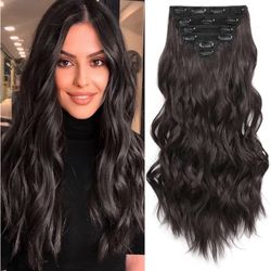 Synthetic Clip in Hair Extensions, 6 PCS Natural & Soft Hair & Blends Well Hair Extensions, Dark Brown Long Wavy Hairpieces(20inch, 6pcs, Dark Brown)