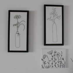 3 Stencil flowers vase print wall art drawings framed