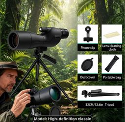 New Black HD25-75x60 1-Pack Portable Spotting Scope With Tripod & Phone Adapter, High Magnification Angled Eyepiece Monocular Telescope For Shooting, 