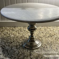 POTTERY BARN SILVER AND MARBLE CAKE PLATTER WITH PEDESTAL/MARBLE CHEESE PLATE
