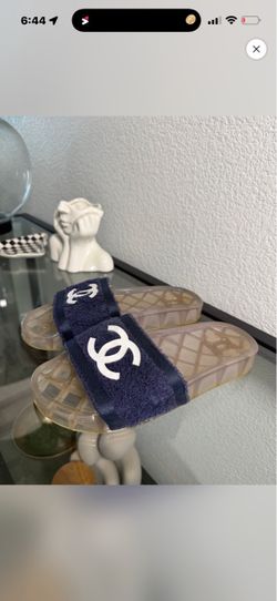 Chanel CC Terry Cloth Jelly Slide Sandals Navy Size 7W  323947