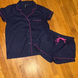 Cynthia Rowley Womens Pajama Set Sz L Blue W/Pink Piping: Pre Owned